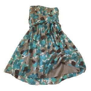 Max & Cleo silk dress strapless lined botanical print pleated bust with stays